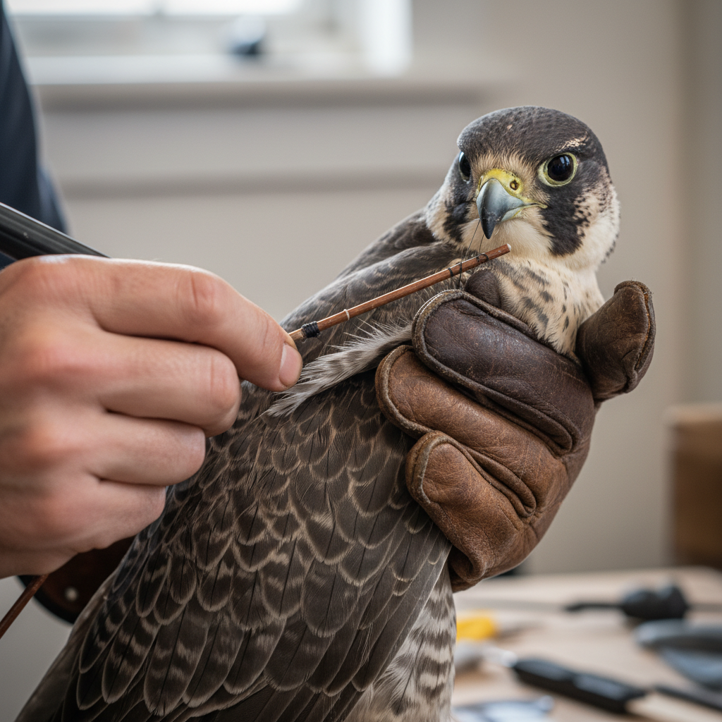 Juvenile great horned owl sitting on a falconer glove recovering from wing injury