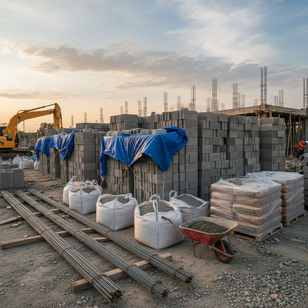Hollow concrete blocks at a construction site