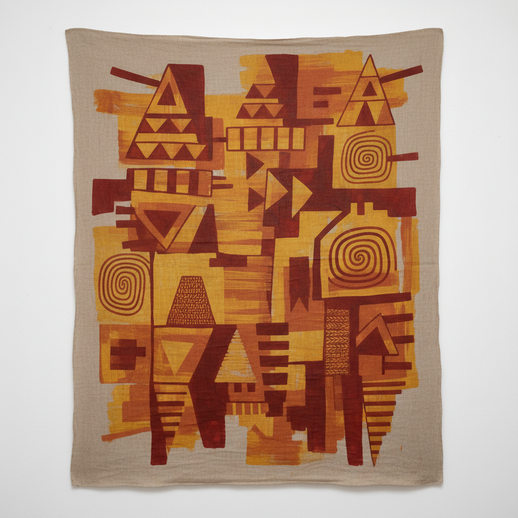 Large acrylic painting on raw linen with ochre and deep red geometric forms, contemporary Indigenous work