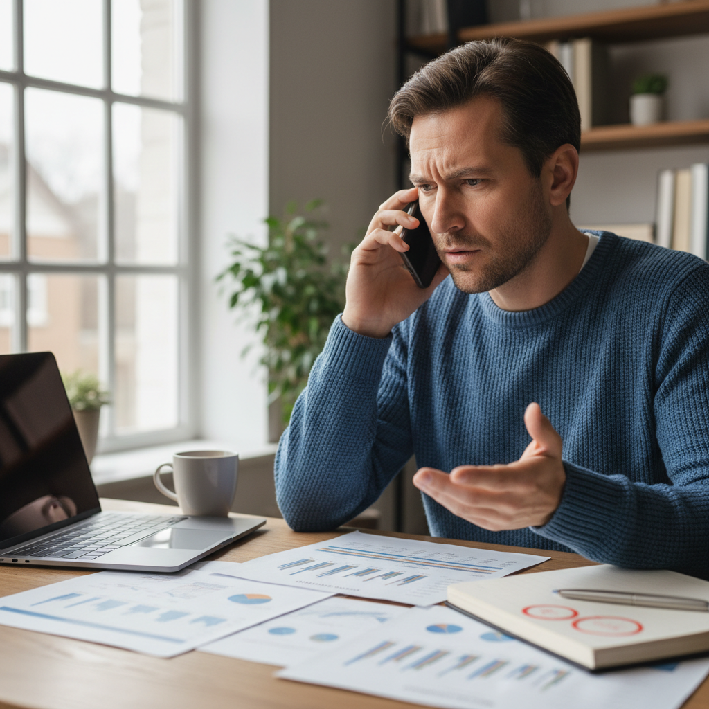 Business owner looking concerned while reviewing financial documents