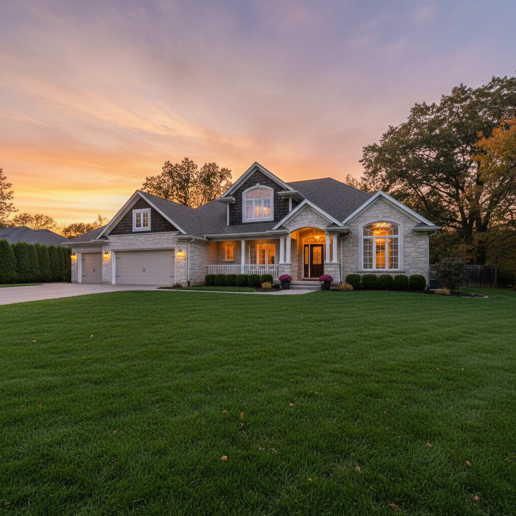 Single-family home with well-maintained lawn and clean facade at dusk
