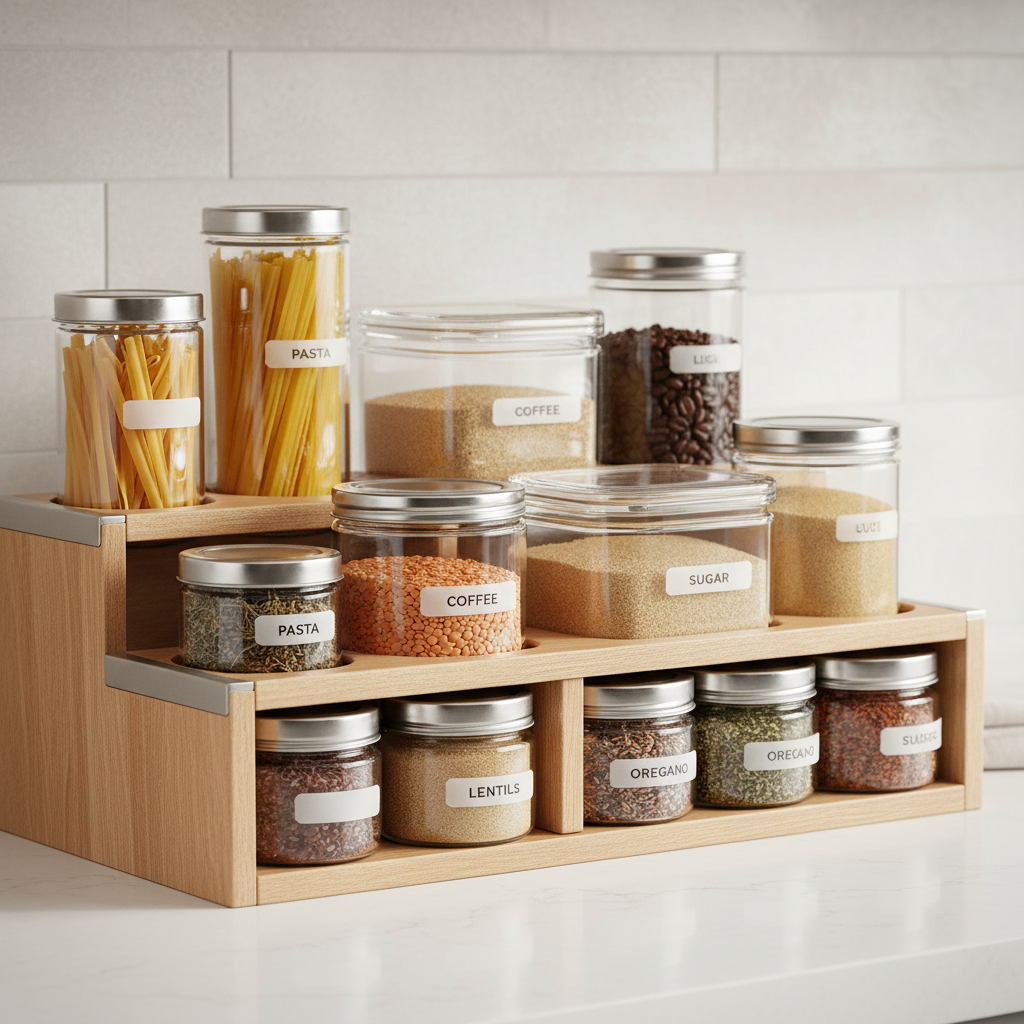 Pantry shelving system with wooden shelves holding jars and dry goods