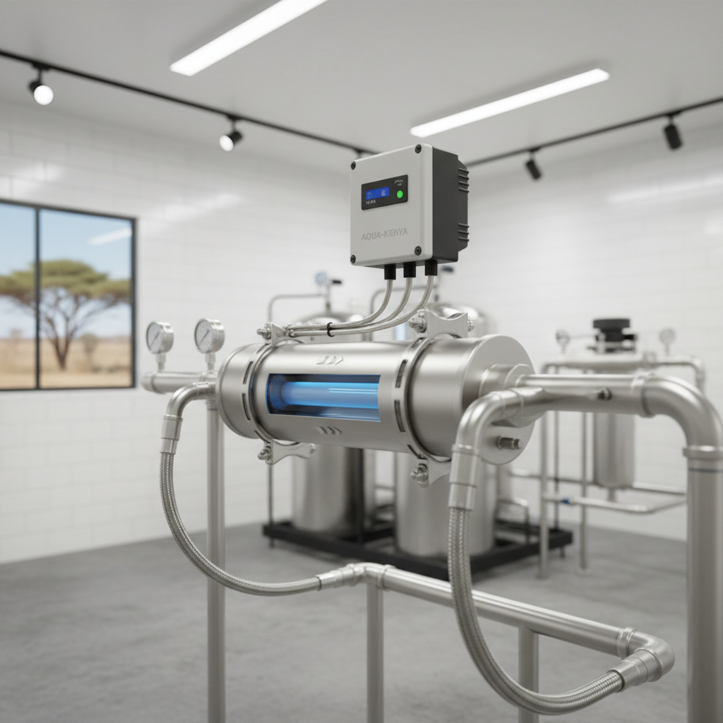 UV water sterilization unit installed inline in a clean water treatment setup in Kenya