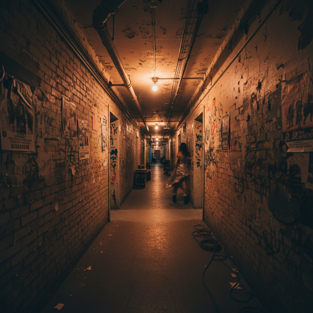 Blurry double exposure of a person in a corridor, ghostly reflection, dark moody atmosphere, dim lighting