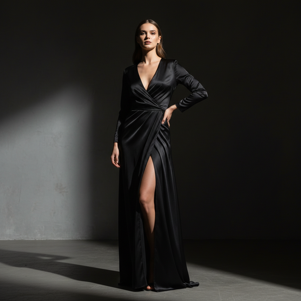 Silk camisole on model in dark editorial studio