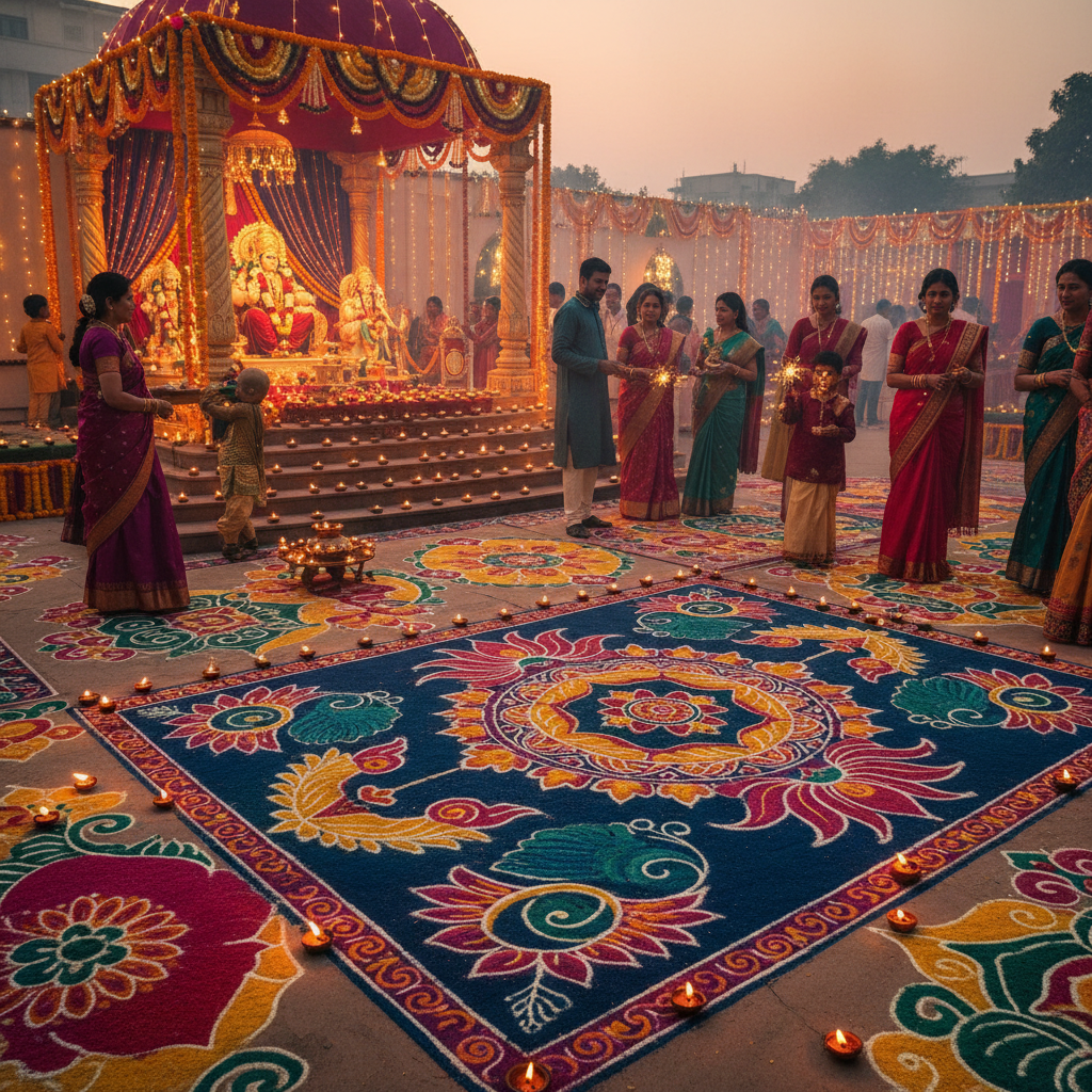 Marigold flower garlands and traditional Indian decorations in warm golden festival light