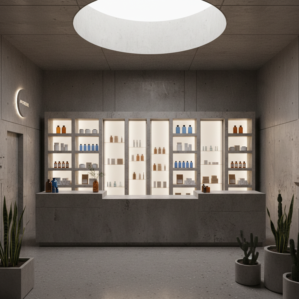 Brutalist pharmacy rendering showing poured concrete dispensary counter with backlit shelving