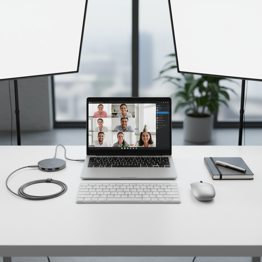 Laptop on a desk showing an online video meeting with notebook beside it