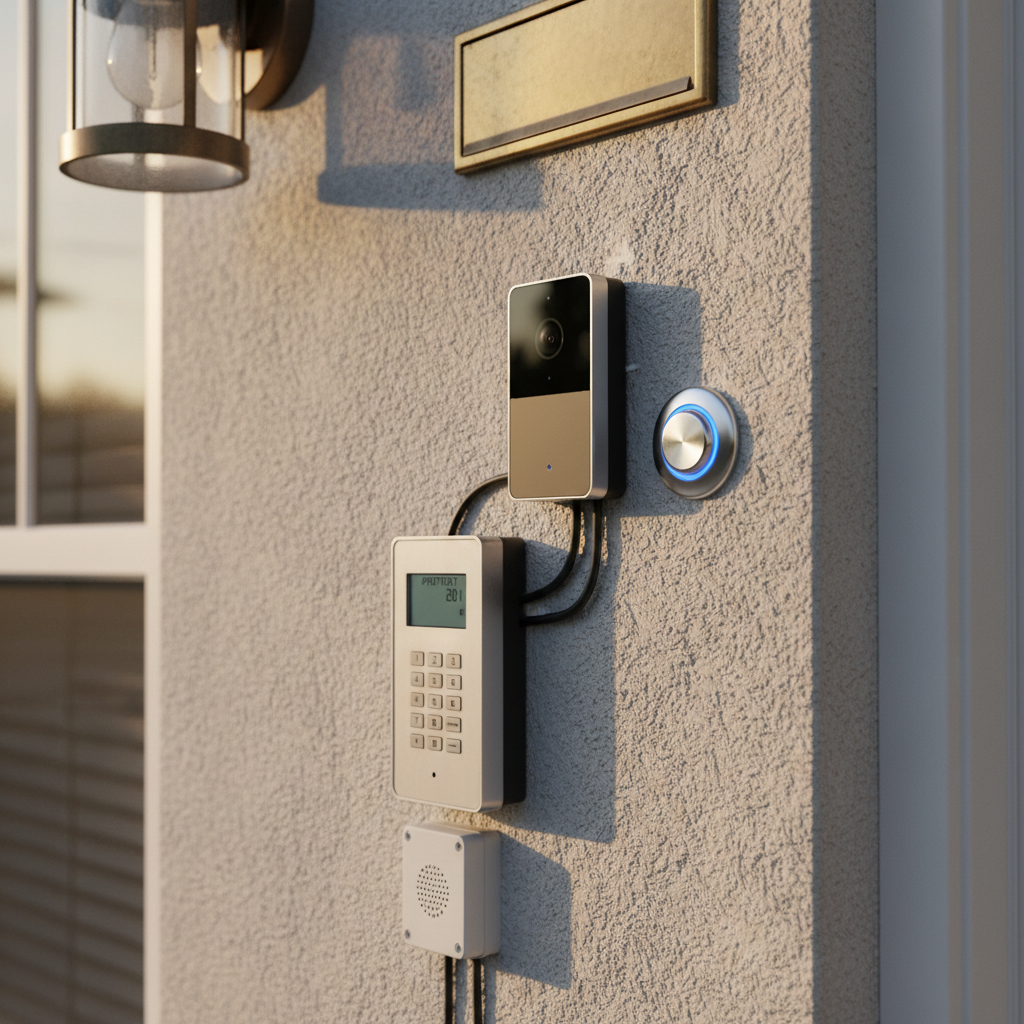 Modern smart doorbell video intercom panel on wall, bright residential entrance