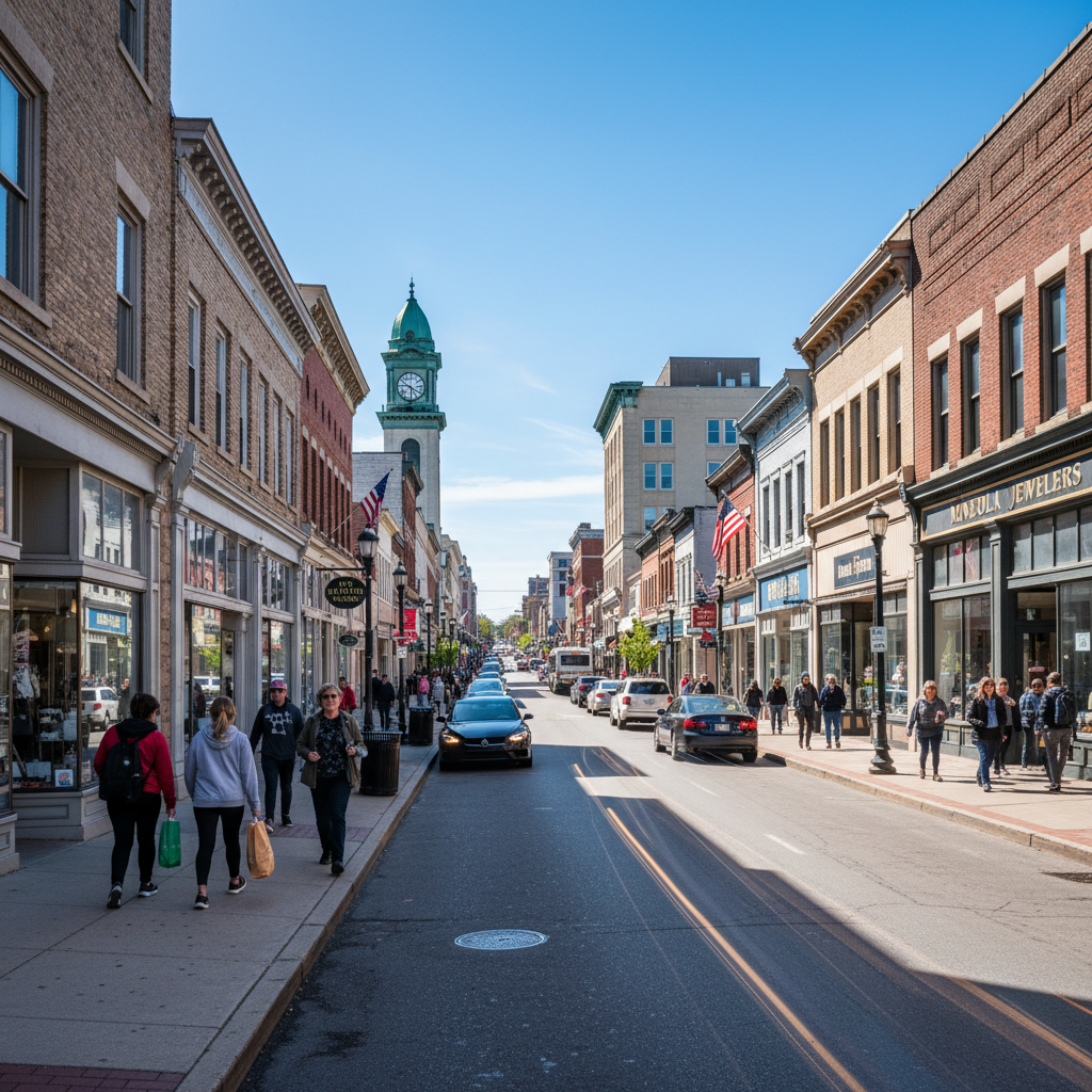 Mineola downtown with commercial buildings and pedestrians