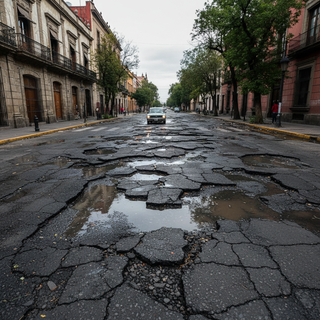 Calle de Colonia Roma con asfalto deteriorado por temporada de lluvias y baches peligrosos