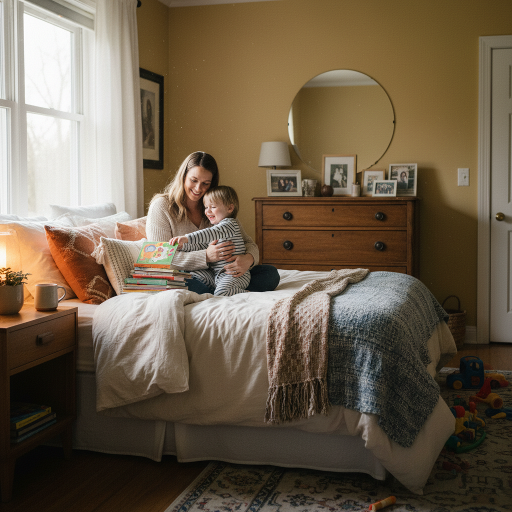 Parent and child in a cozy bedroom, relaxed morning routine