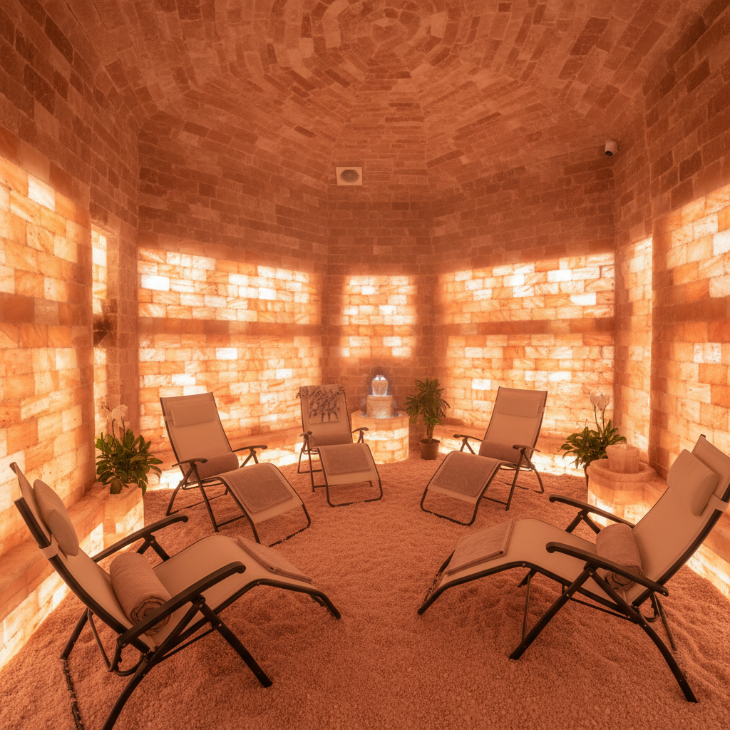 Salt cave therapy room with glowing pink himalayan salt walls, low amber lighting, meditative wellness space