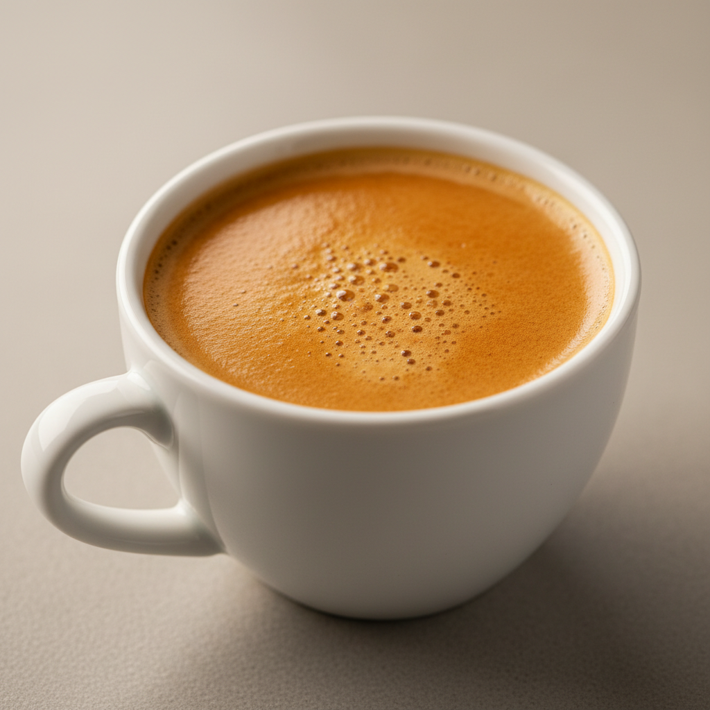 Single origin pour-over coffee in ceramic cup with rosetta latte art on wooden café table