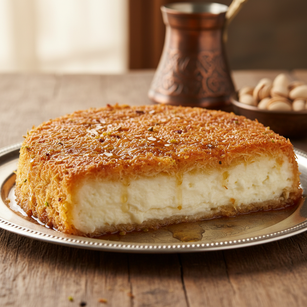 Close-up of knafeh pastry layers showing crispy kadaif dough and cheese filling