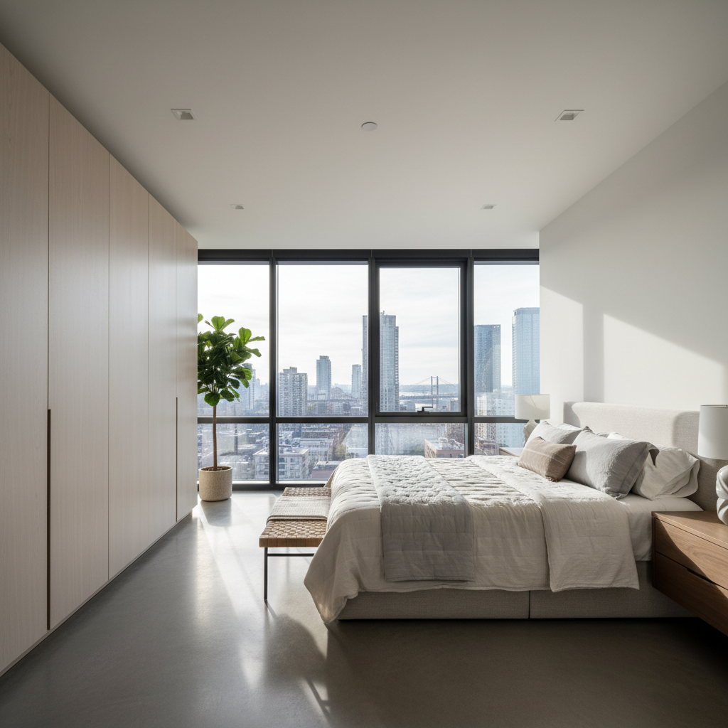 Master bedroom with double aspect windows and neutral tones