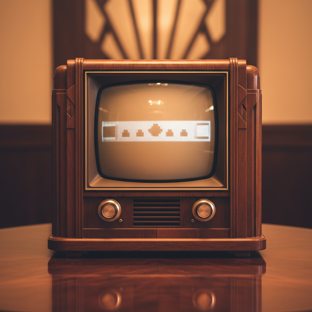 Classic 1939 RCA television set with rounded CRT screen in wooden art deco cabinet