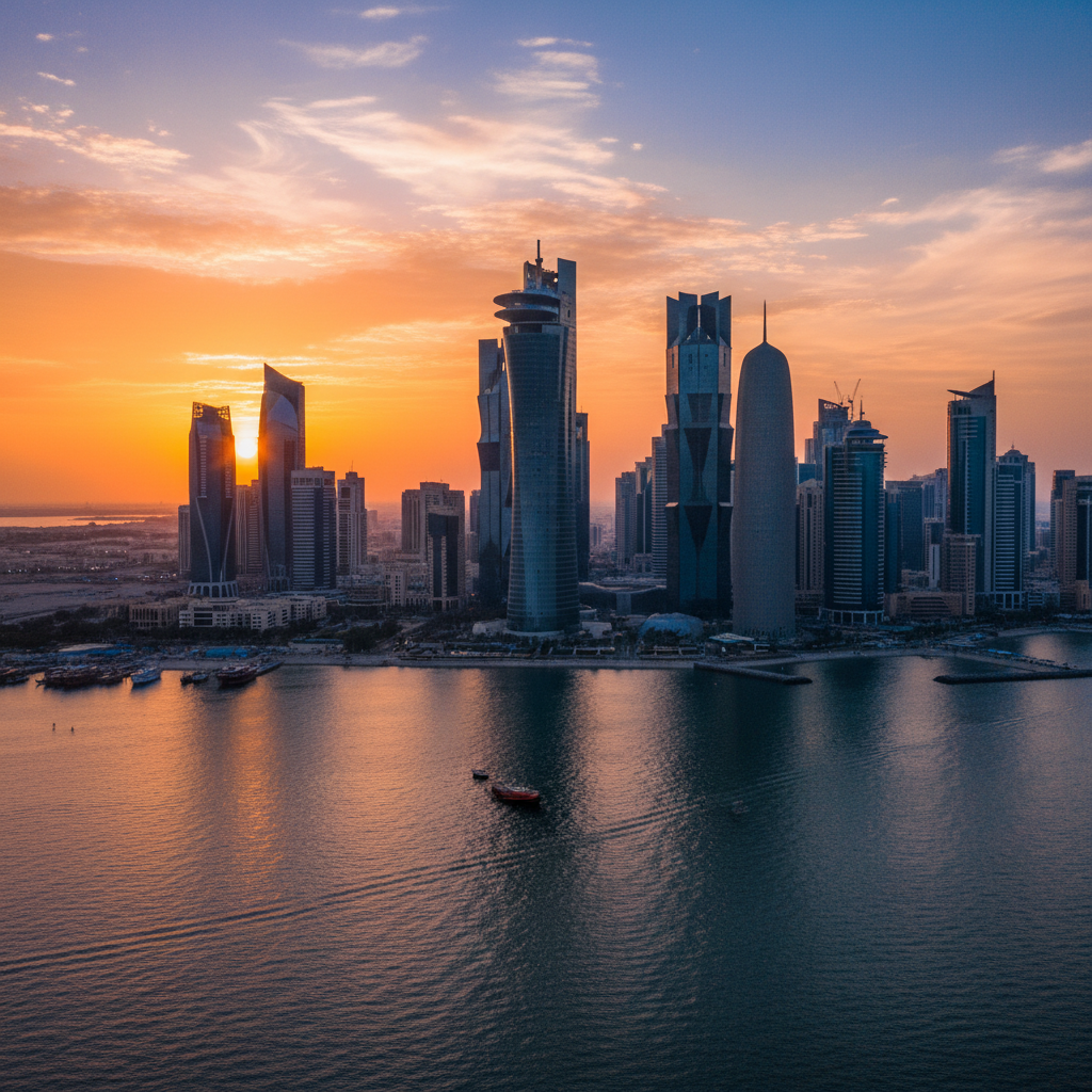 Doha Qatar skyline with West Bay skyscrapers reflecting in the Arabian Gulf