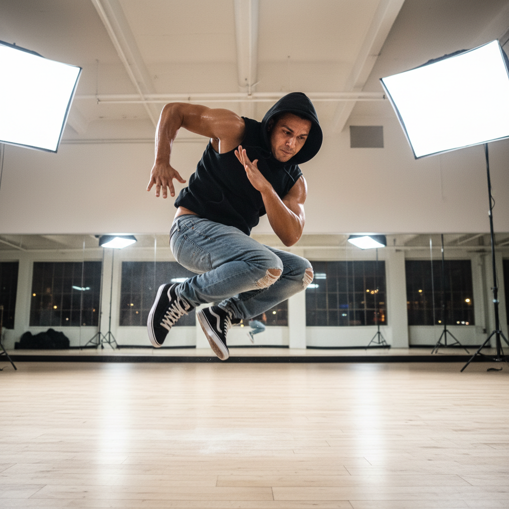 Young hip-hop dancer in studio gear, full body shot