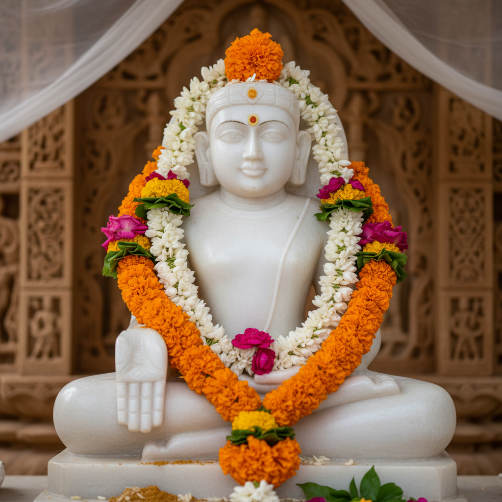 White marble Jain tirthankara idol adorned with fresh flowers in sanctum sanctorum