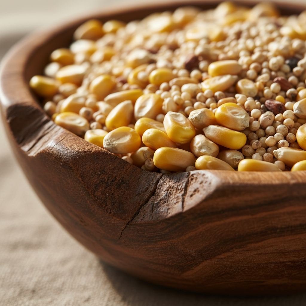 Dried maize kernels and grain in a traditional wooden bowl, golden yellow