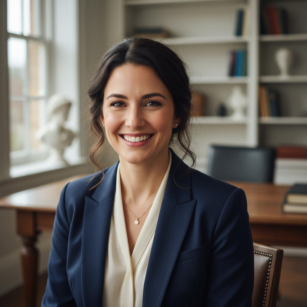 Professional woman in navy blazer, warm smile