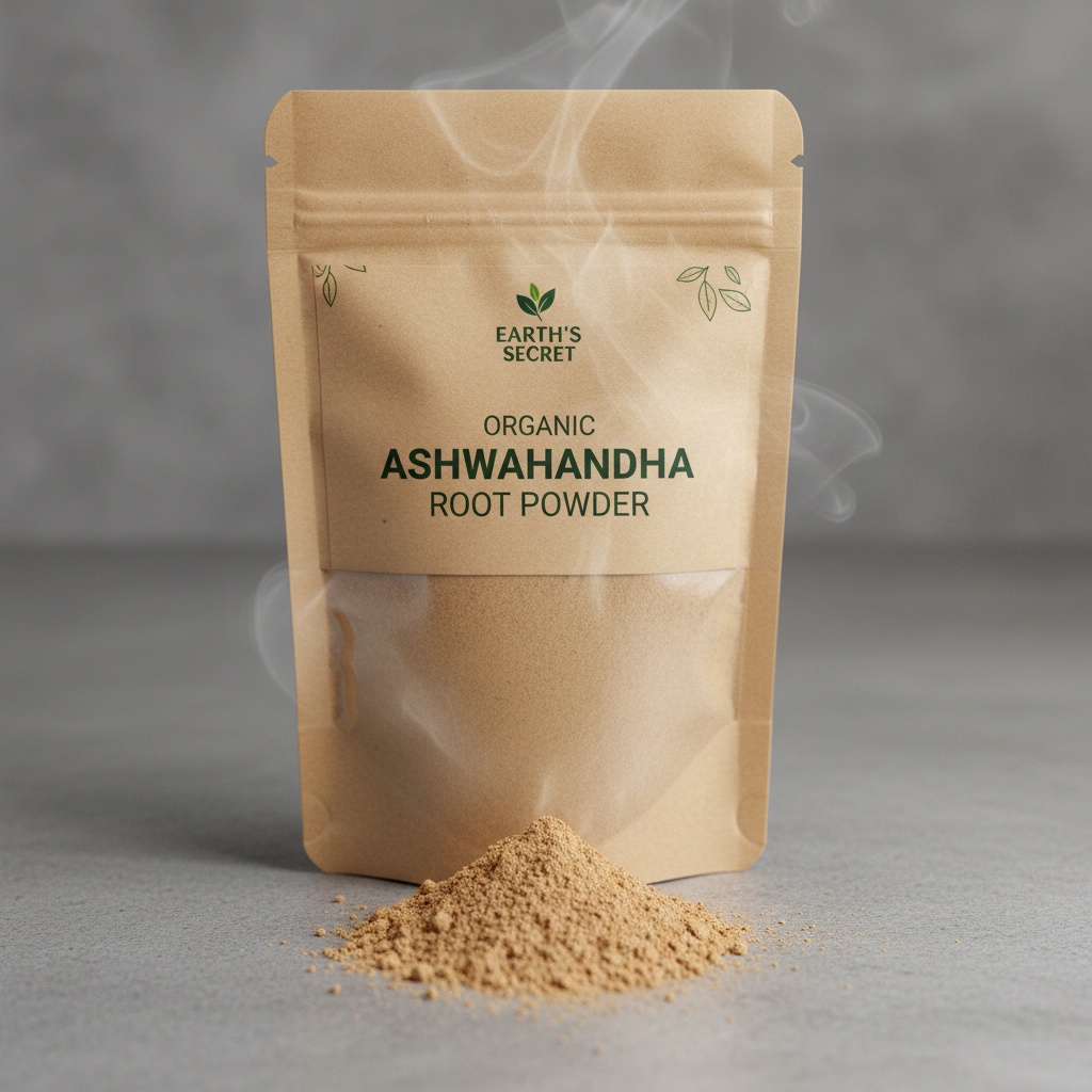 Dried ashwagandha roots with powder, adaptogenic herbal supplement for export