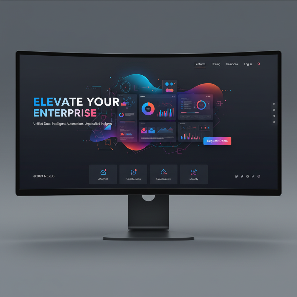 SaaS website mockup on laptop screen, clean white design with blue accents, bright airy studio, modern workspace