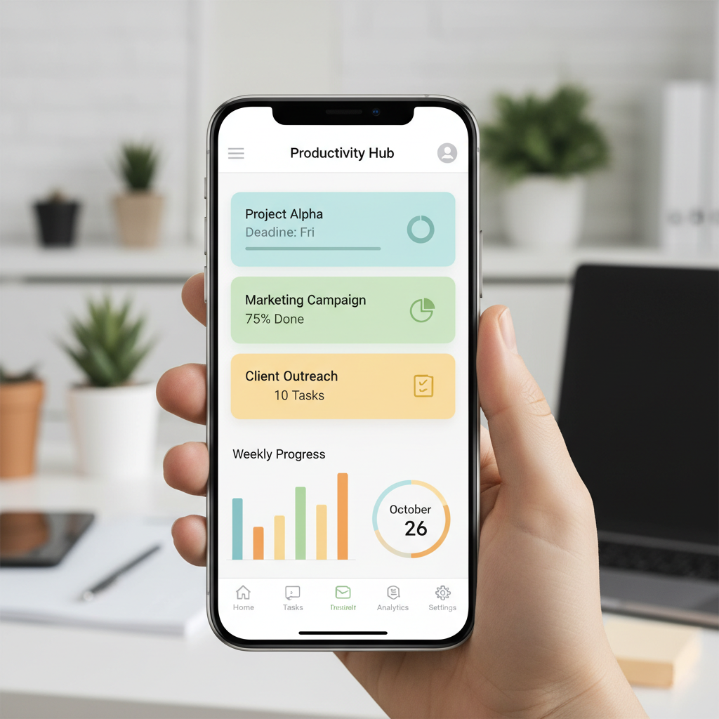 Mobile app interface design with clean card layout, bright workspace with laptop and phone mockups