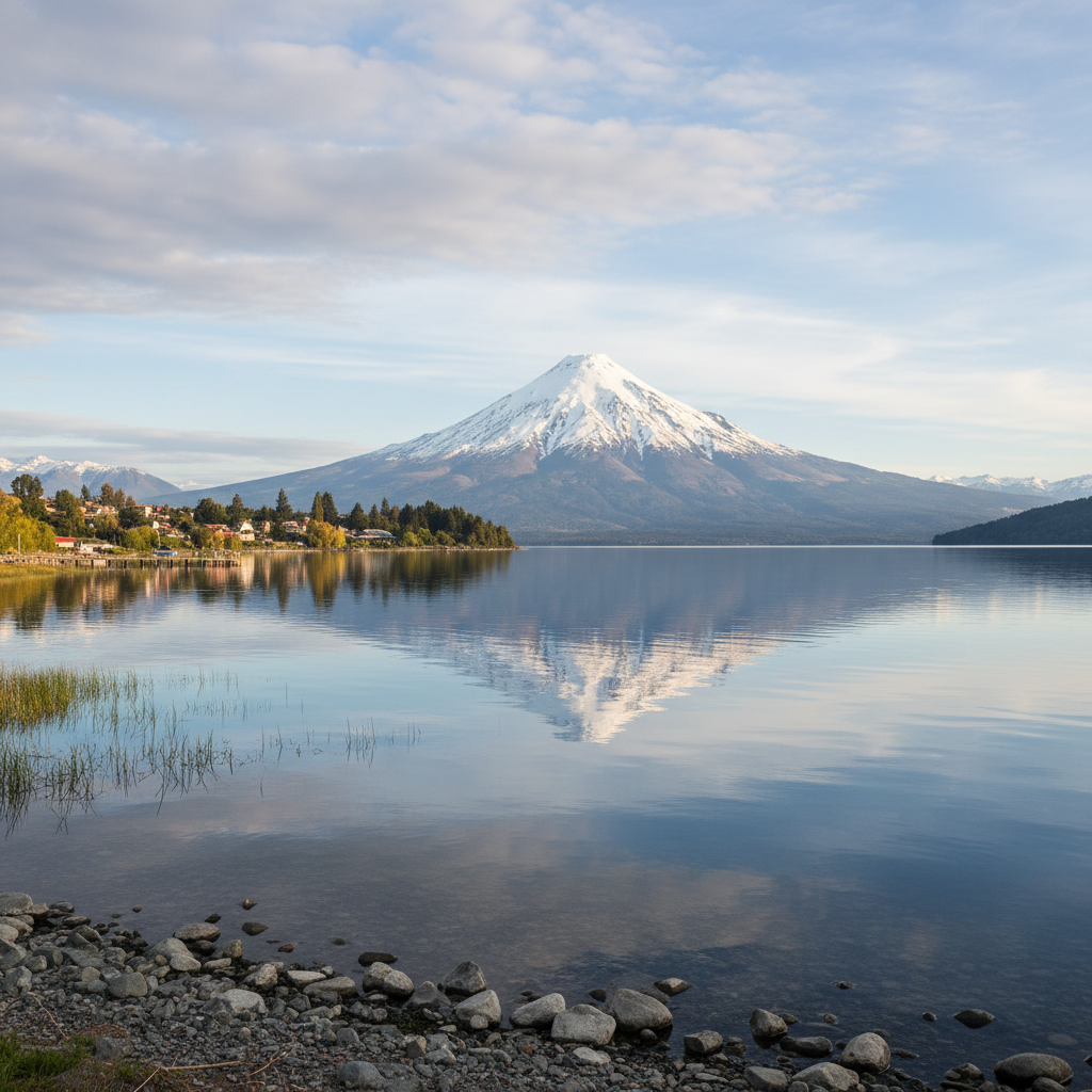 Lago Llanquihue con volcán Osorno nevado reflejado en aguas azules