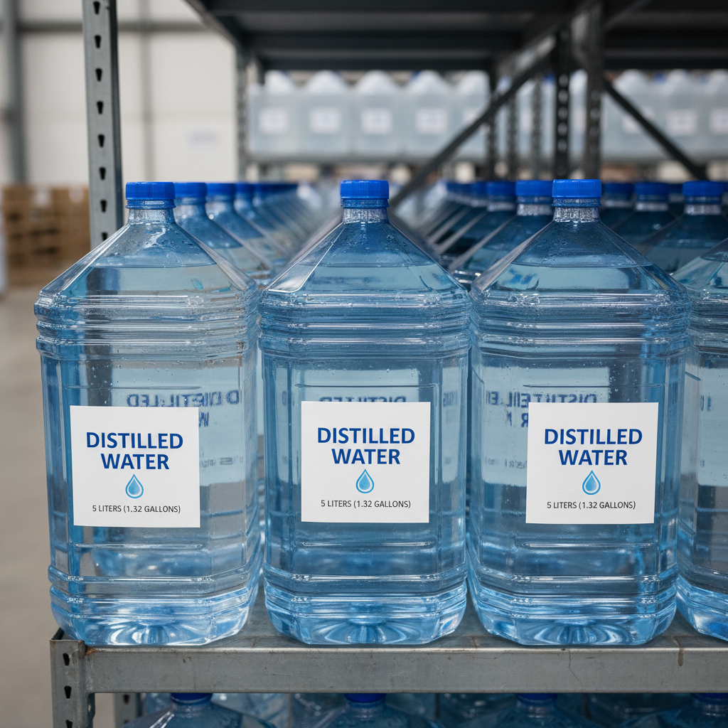 Blue 20-litre water cans stacked neatly in a clean warehouse, bright lighting, professional storage