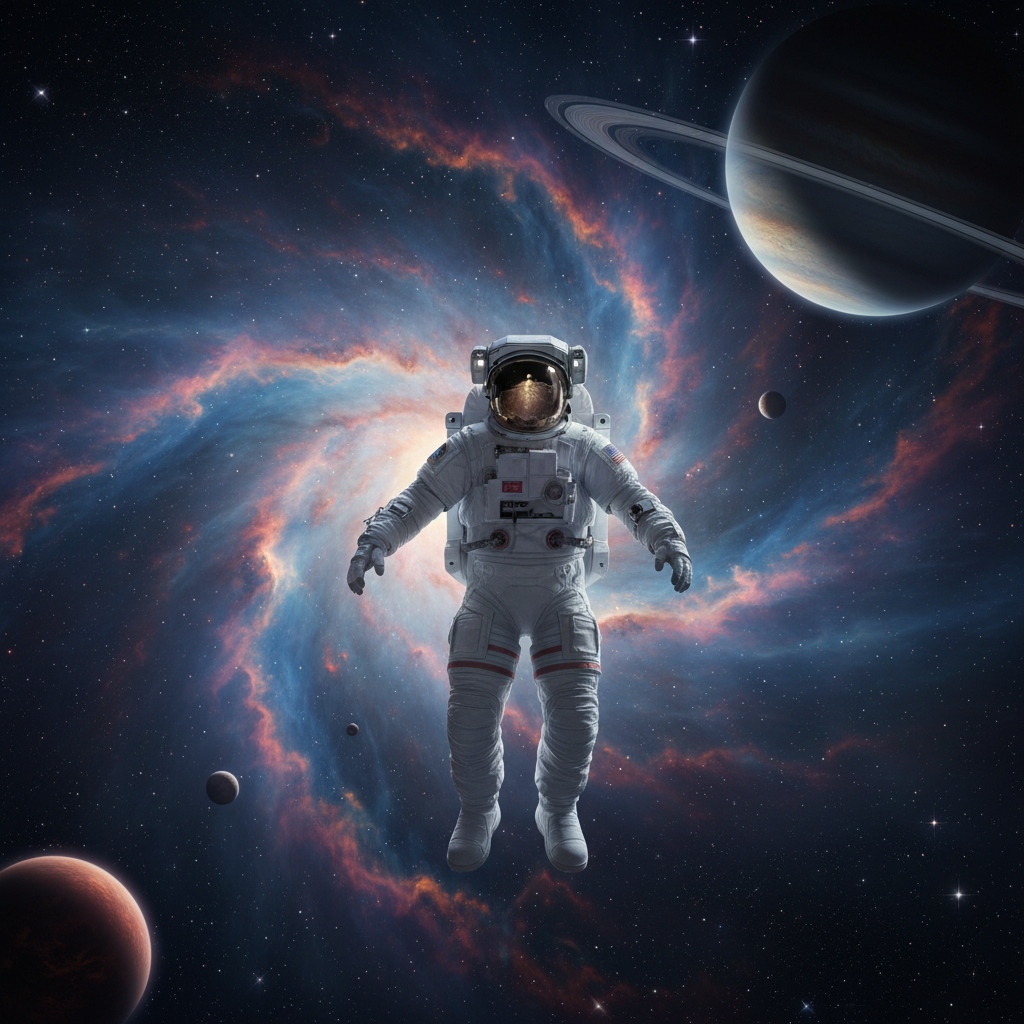 Deep space exploration scene with vast dark cosmos, distant star clusters, dim atmospheric nebula lighting