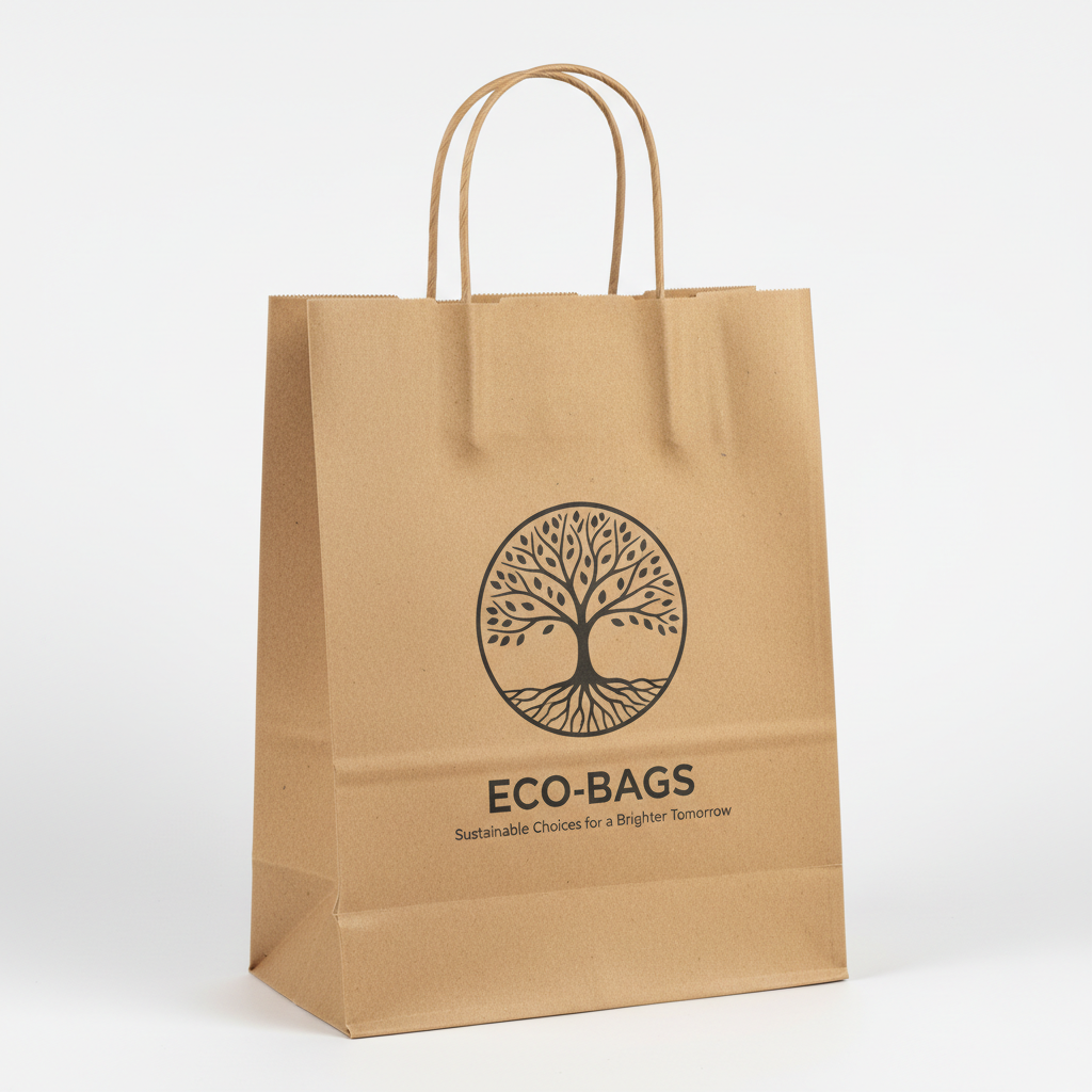 Eco-friendly kraft paper bags stacked on bright white background, clean