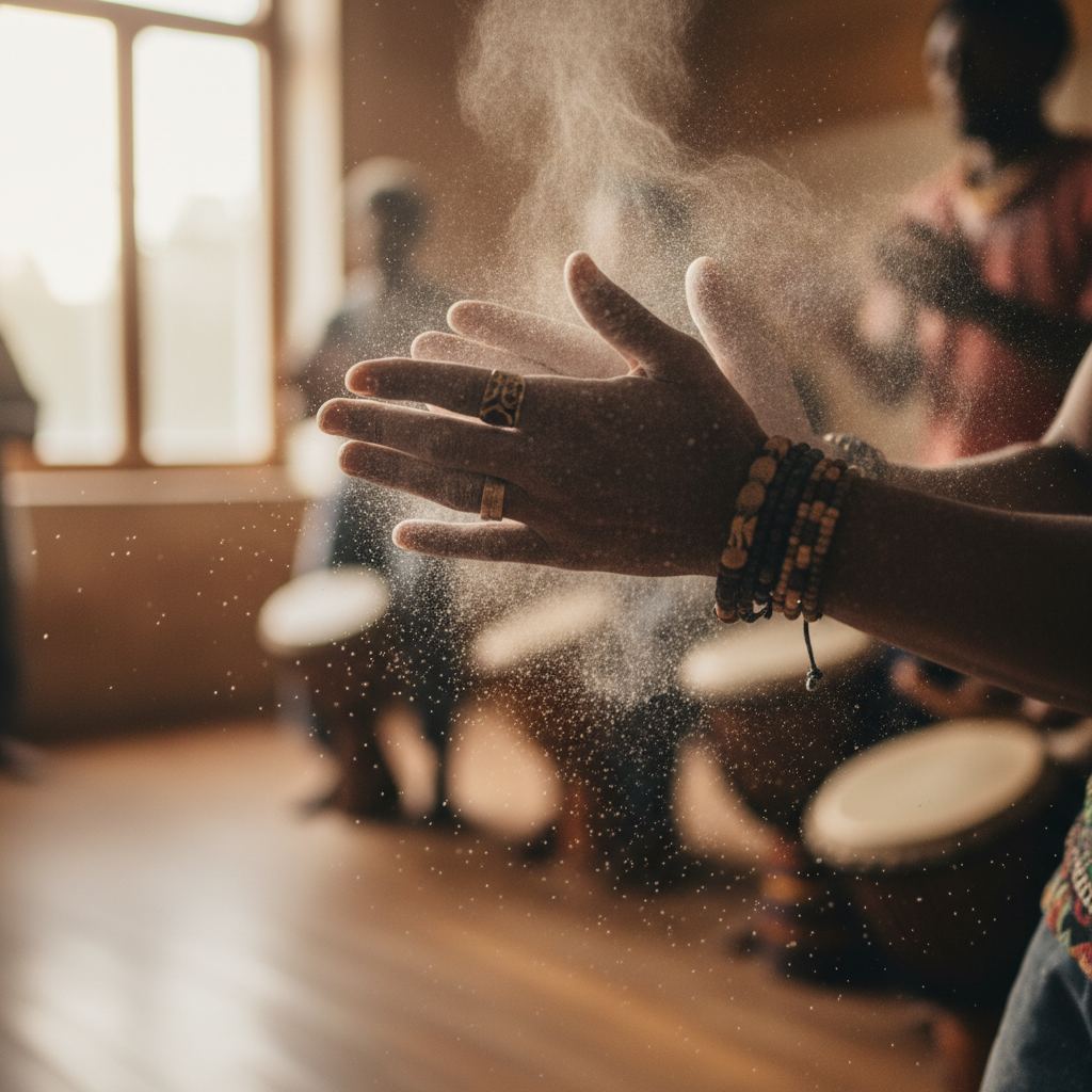 Hands with chalk dust clapping in rhythm during dundun workshop