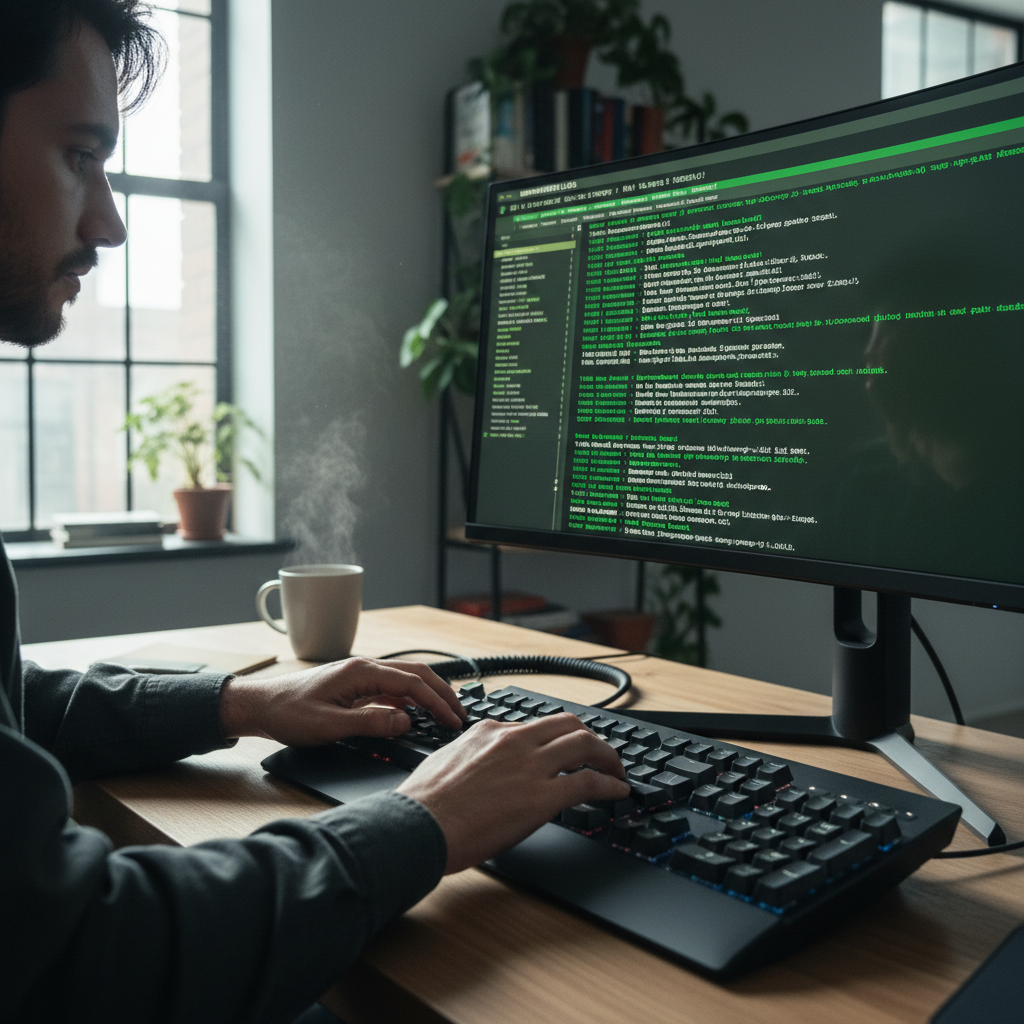 Person typing on keyboard with terminal window open showing deployment logs