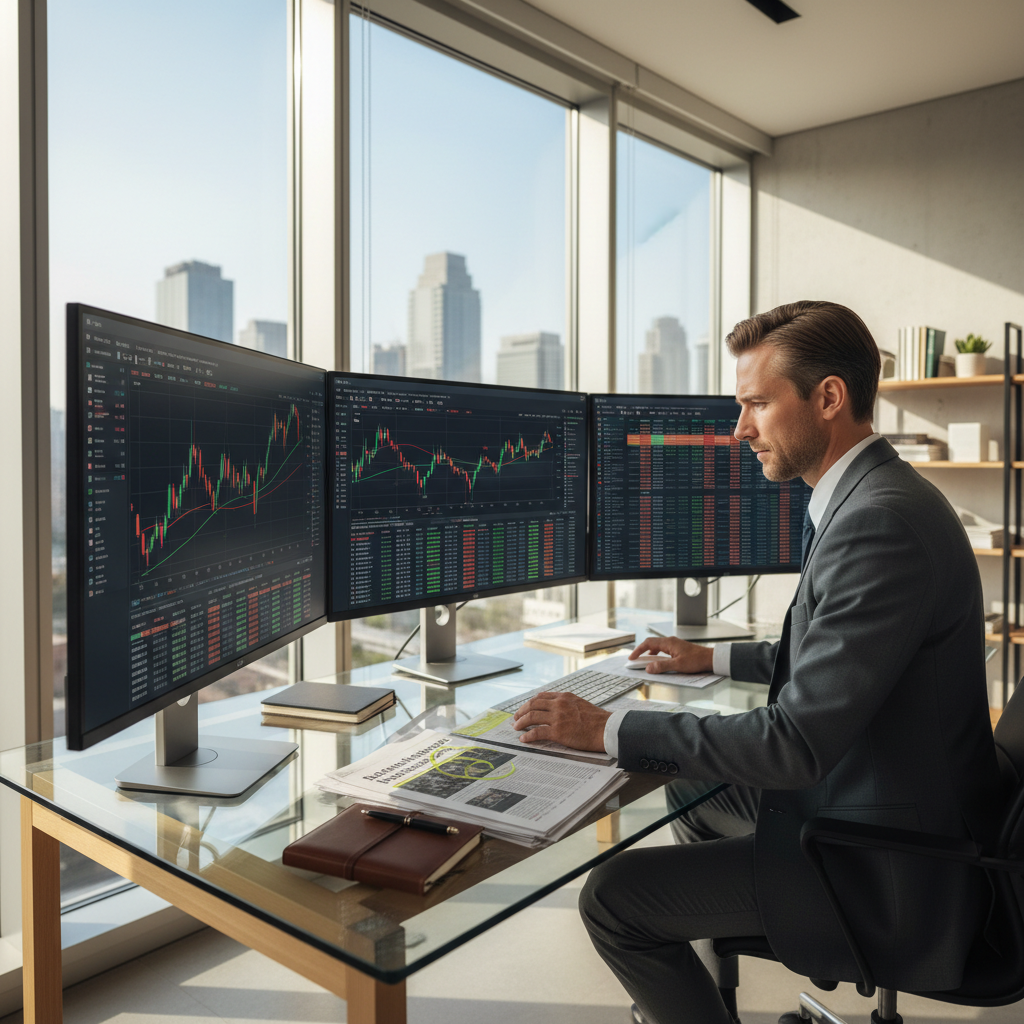 Professional financial advisor reviewing compensation documents at a modern office desk