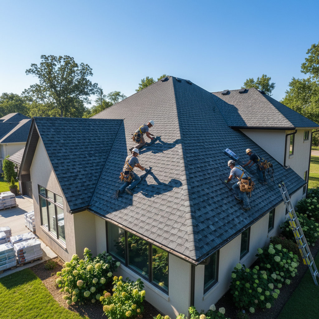 Large residential home with brand new architectural shingle roof, warm afternoon light, immaculate installation