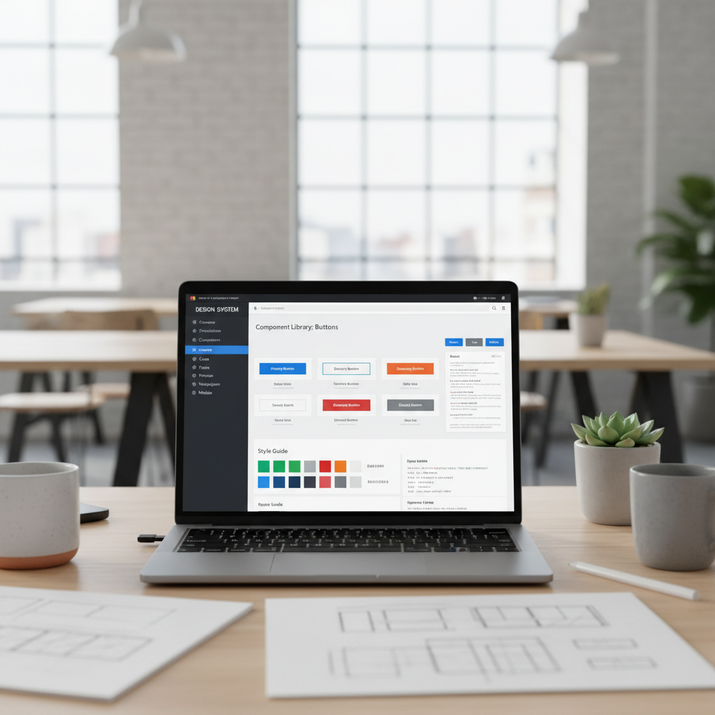 Design system component library displayed on a laptop screen showing organized UI components and tokens