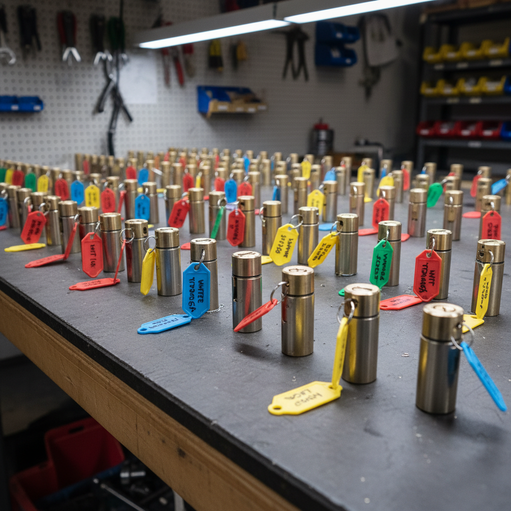 Organized rows of rekeyed cylinders laid out on workbench with key tags, property management job