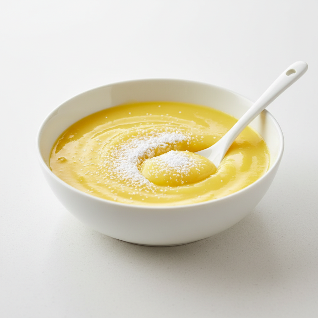 Panna cotta bianca con salsa al limone giallo in bicchiere elegante