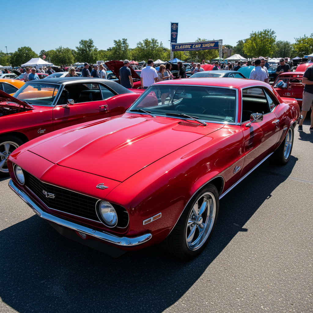 Classic black Chevrolet Camaro SS with chrome rims at vintage car show