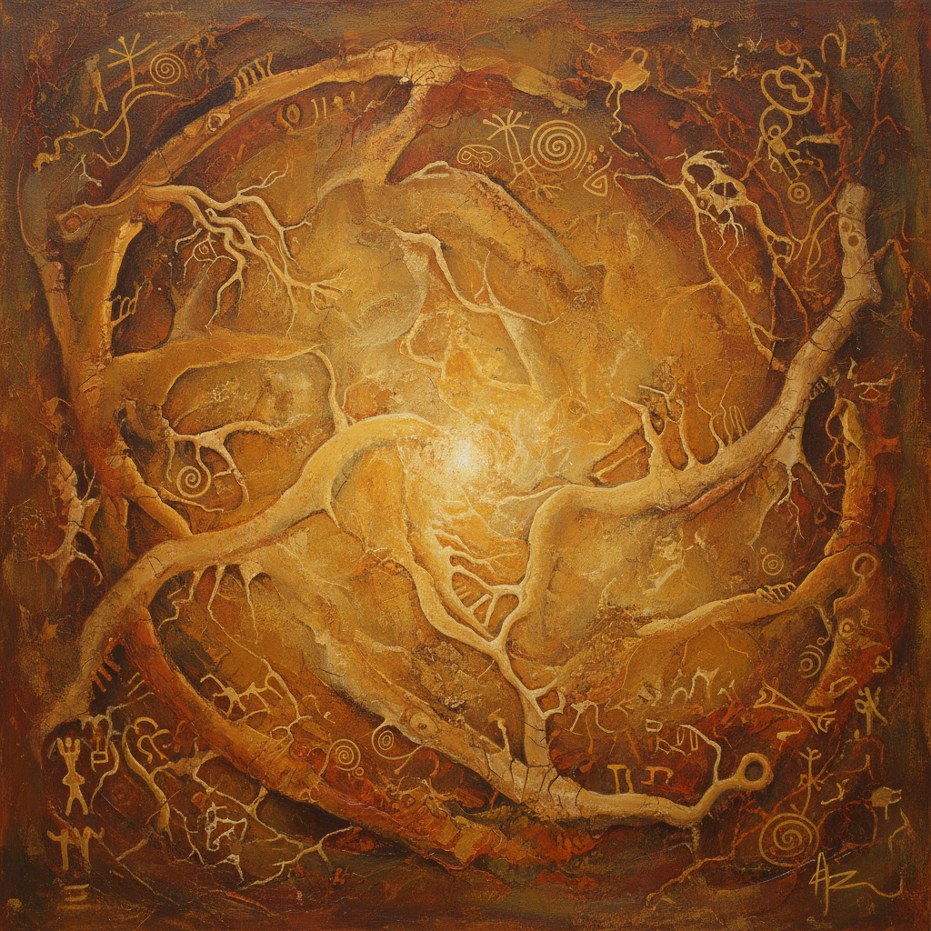 Warm earthy abstract evoking ancient origins and primal memory in ochre and sienna
