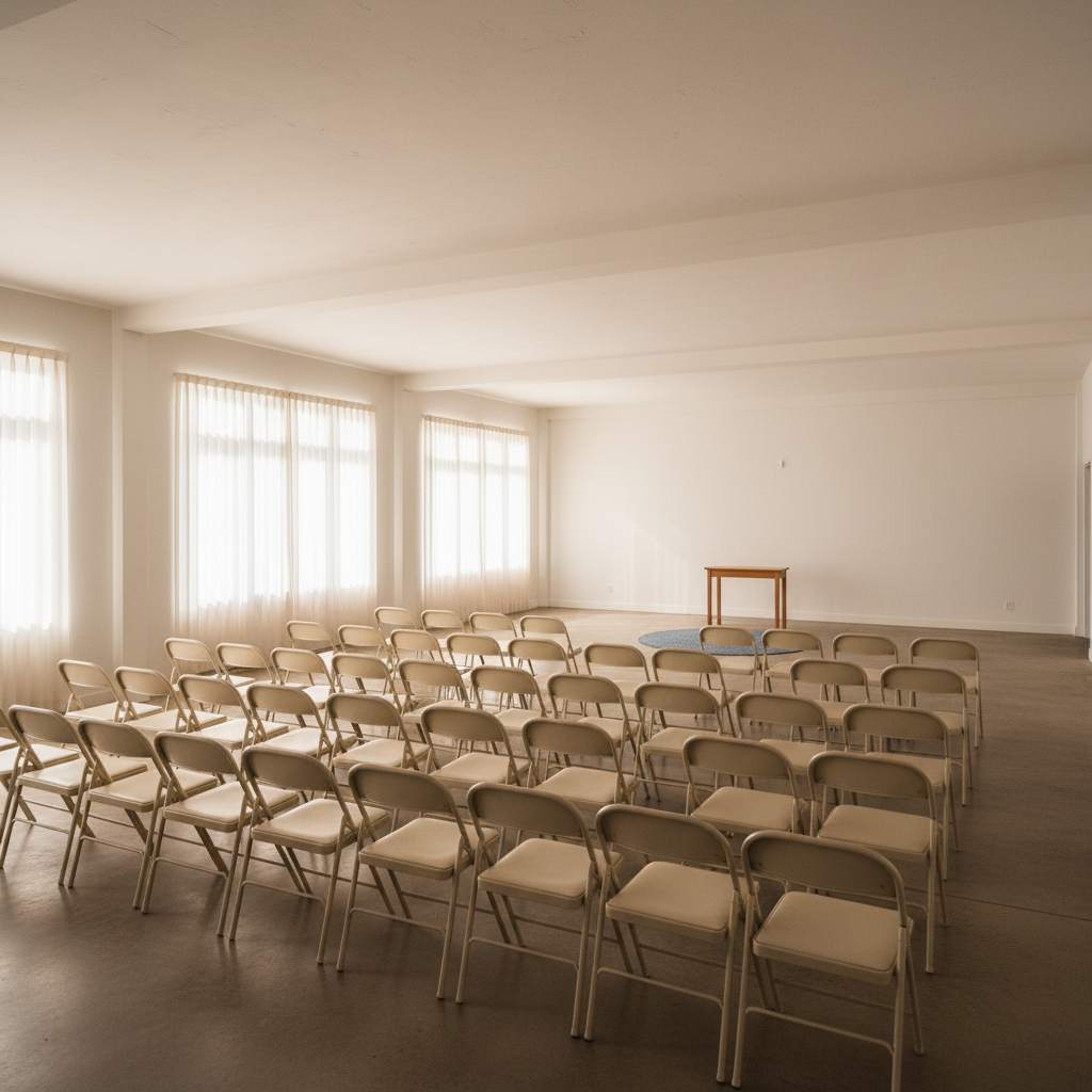 Simple prayer space with folding chairs arranged in rows on a plain floor