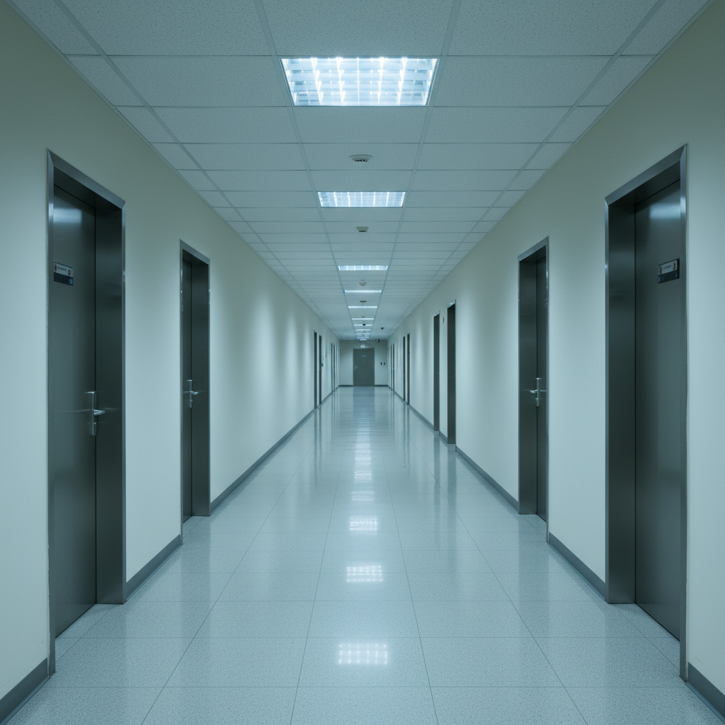 Empty diplomatic government office corridor with fluorescent lighting and closed doors