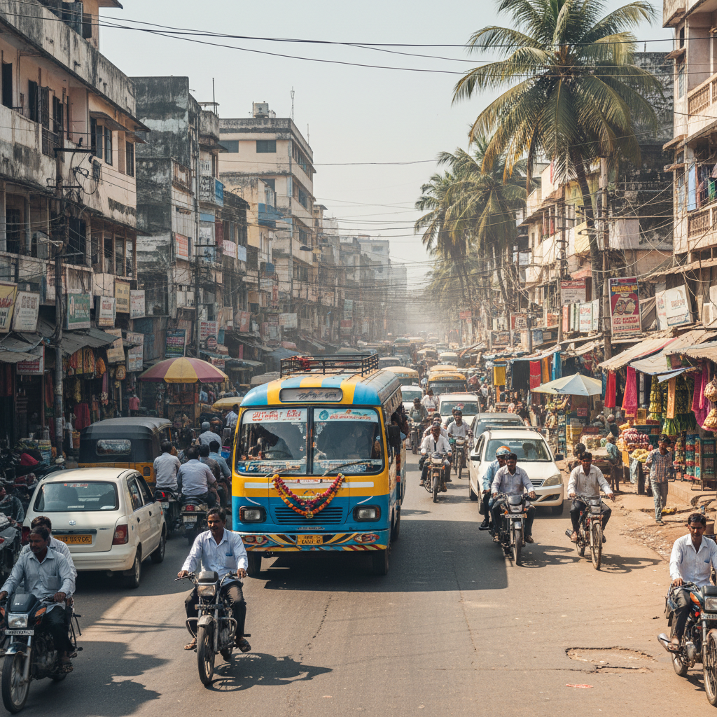 Police vehicle on a road in India during daytime, bright sunlight