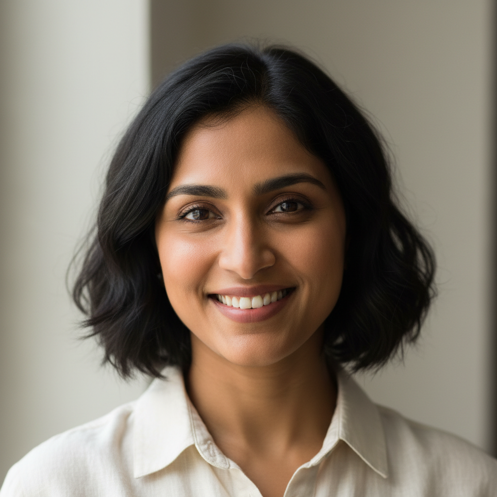 Indian woman with short black hair in professional attire smiling confidently