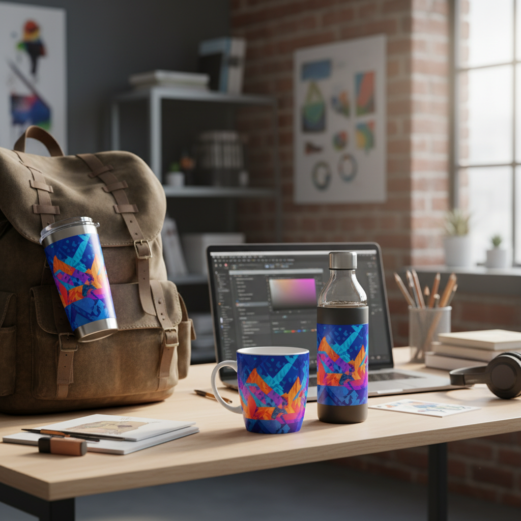 Bold custom printed drinkware collection in backpack and on laptop desk in creative workspace lifestyle shot