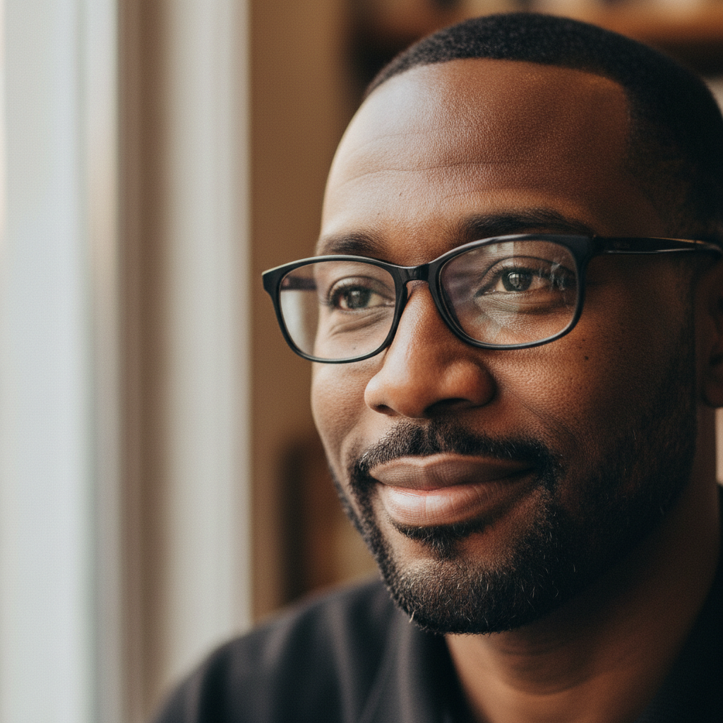 Portrait d'Ibrahim Osei, homme aux traits africains avec un regard pensif