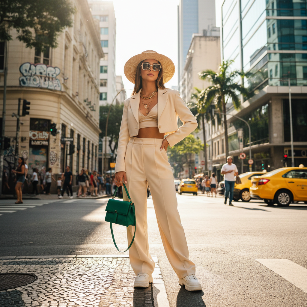Street fashion influencer posing in urban setting wearing colorful outfit