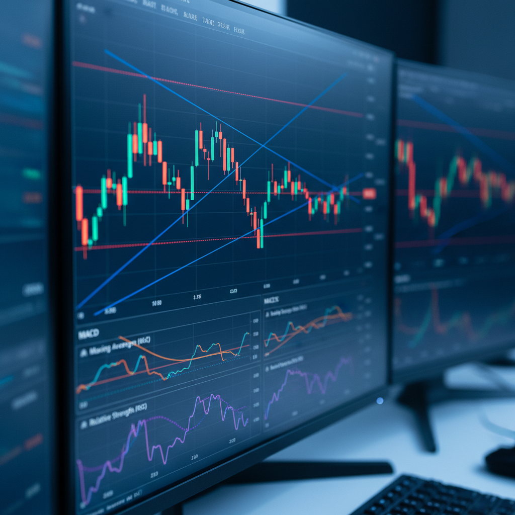 Financial charts and graphs showing candlestick patterns on computer screen